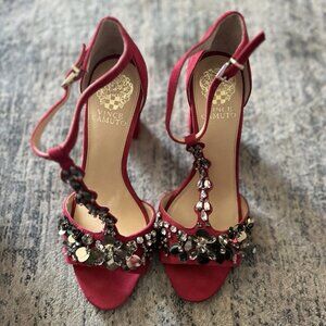 Vince Camuto Red Jewel Embellished T-Strap Heels